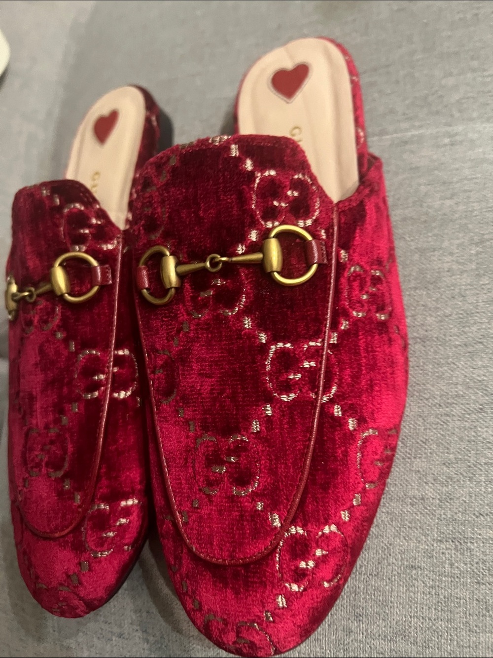 Gucci Red Velvet Princetown GG Loafer Mule